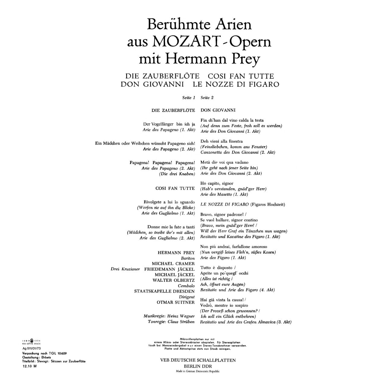 Famous Arias from Mozart Operas with Hermann Prey Cover Backside