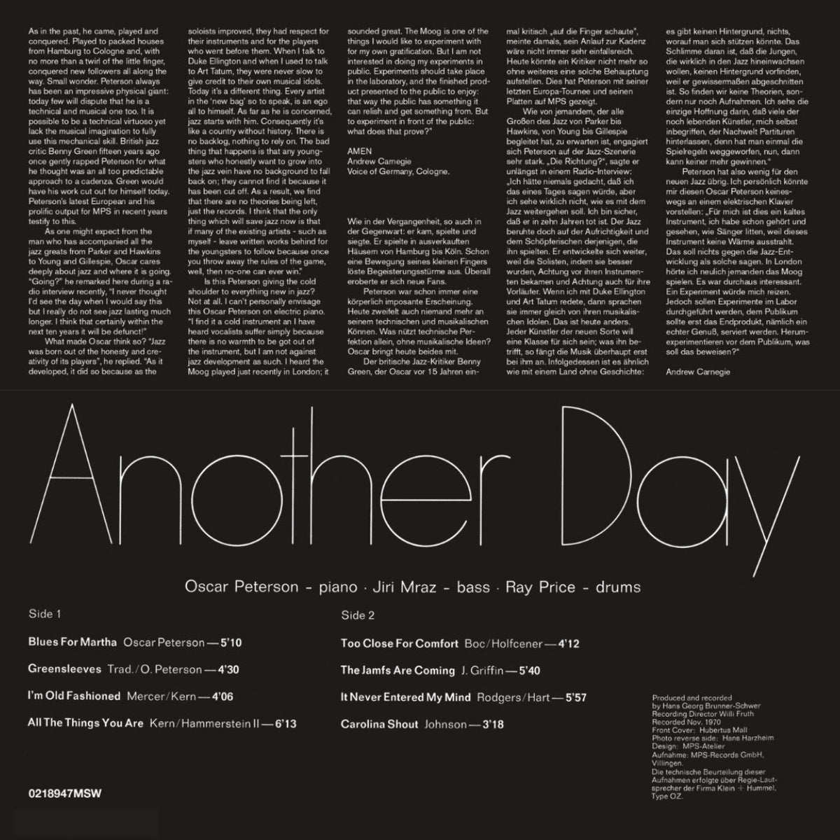 Oscar Peterson Another Day Cover Backside