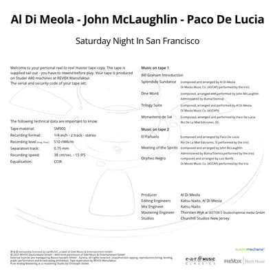Al Di Meola, John McLaughlin and Paco de Lucia Saturday Night In San Francisco Credits