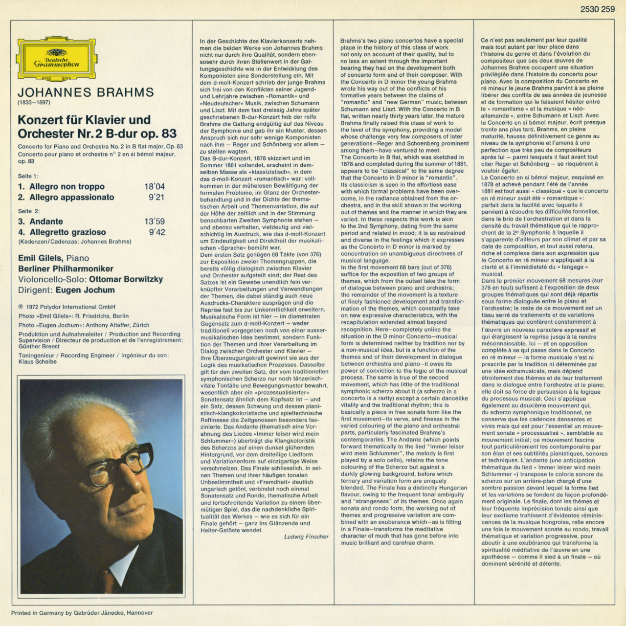 Johannes Brahms Concerto For Piano and Orchestra No 2 Cover Backside