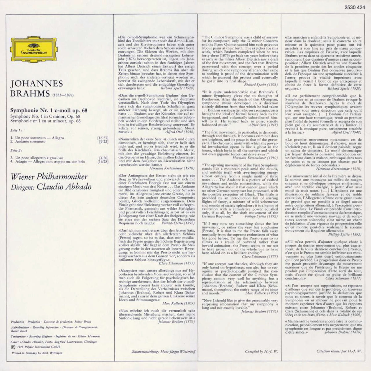 Johannes Brahms Symphony No. 1 Cover Backside