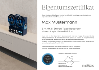 Zertifikat Revox B77 MKIII Deep Purple Edition
