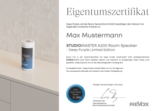 Zertifikat Revox A200 Deep Purple Edition
