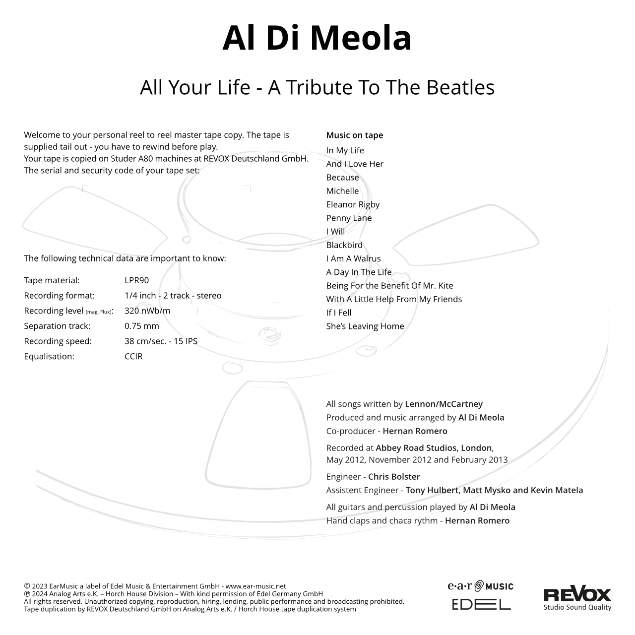 欧2LP Al Di Meola All Your Life - A Tribute To The Beatles Recorded A 0218546EMU Ear Music /00520 Al Di Meola – All Your Life - A Tribute To The Beatles