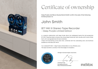 Revox B77 MKIII Deep Purple Edition Certificate